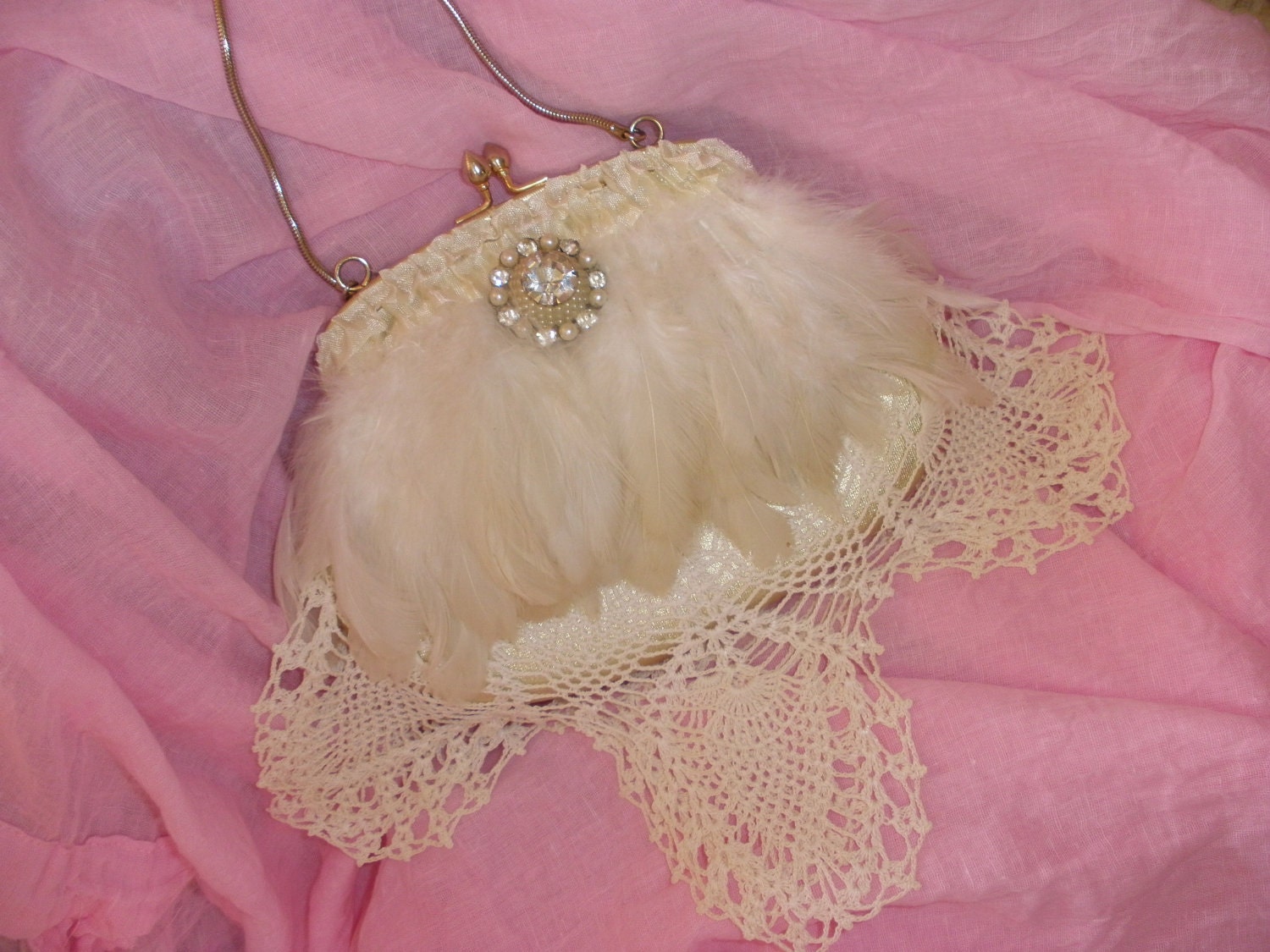 Grace Formal Feminine Feathered Purse with Vintage Lace and Sparkling Rhinestone and Pearl Jewel