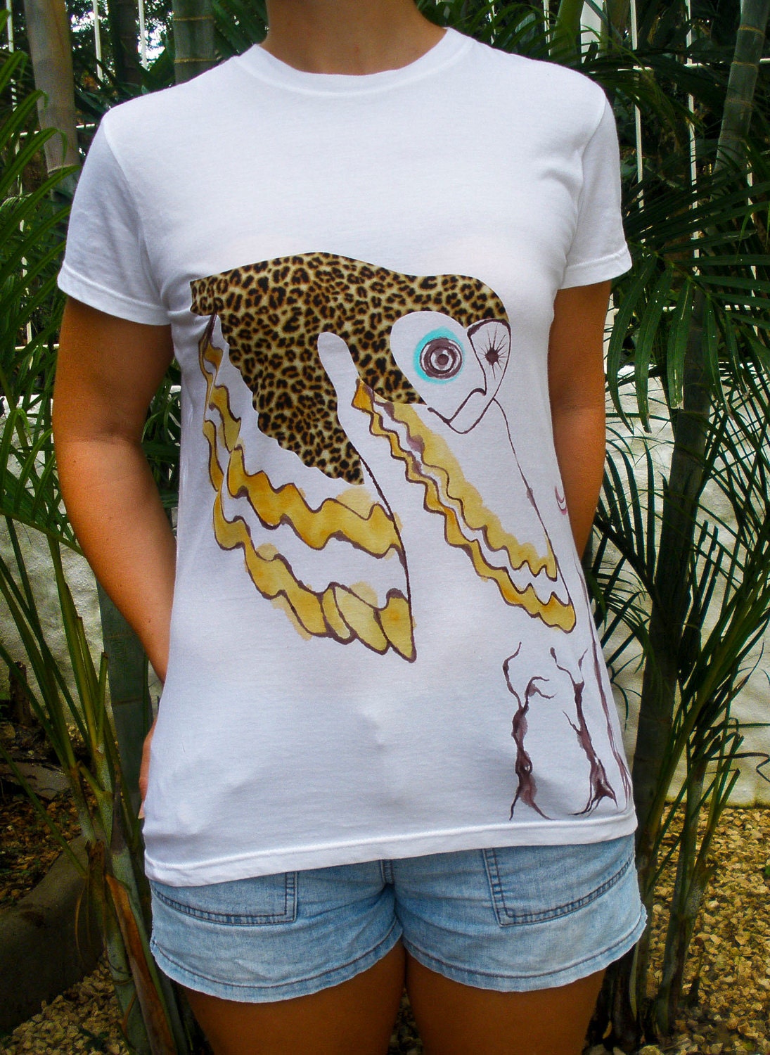 Owl in a Leopard Print Jacket Tshirt  Hand Painted Clothing // Original Wearable Art // S, M, L available custom made Cute Funky Clothes
