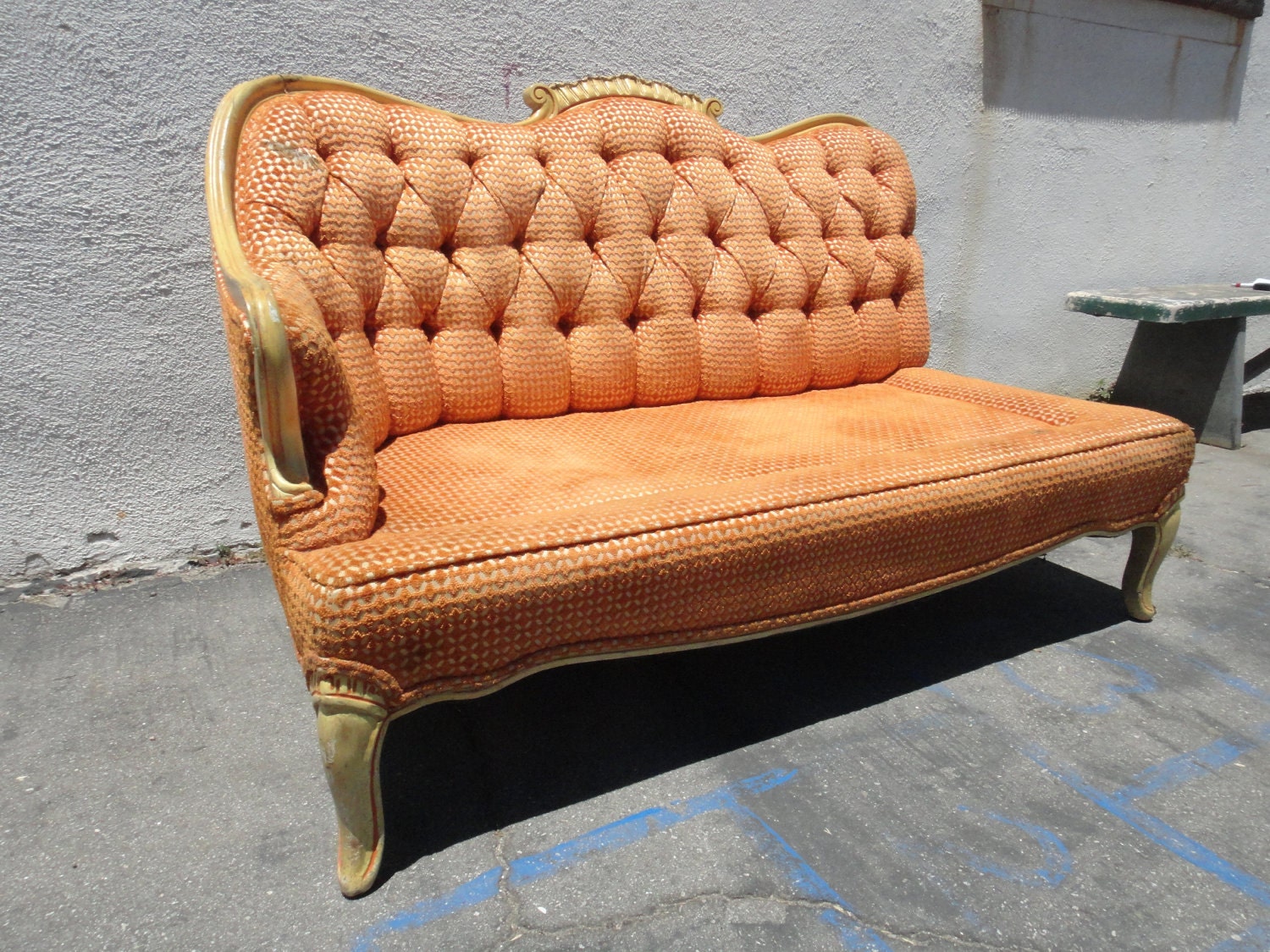 RESERVE-CELESTE-French Vintage One Arm Settee Sofa with Orange Chenille Fabric (Los Angeles)