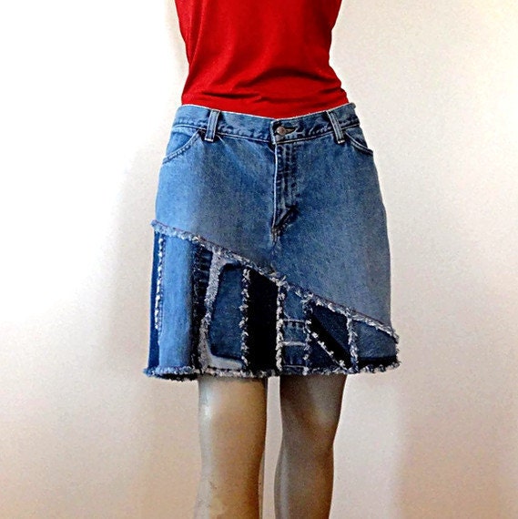 Madison Short Jean Skirt - Strip Pieced Made to Order Short jean Skirt
