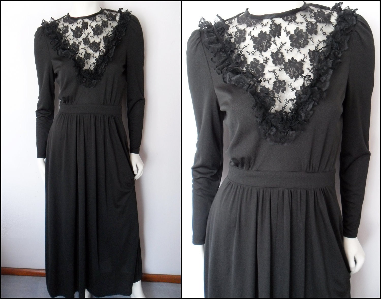 Vtg.70s Black Noir Lace Ruffle Goth Victorian Mourning Long Maxi Gown Dress.S.Bust 36-40.Waist 27.