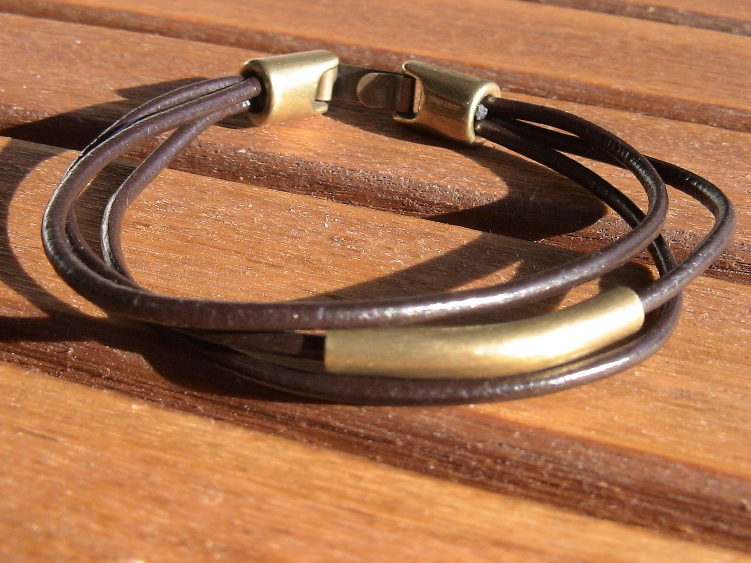 unisex brown mens leather bracelet with brass spacer