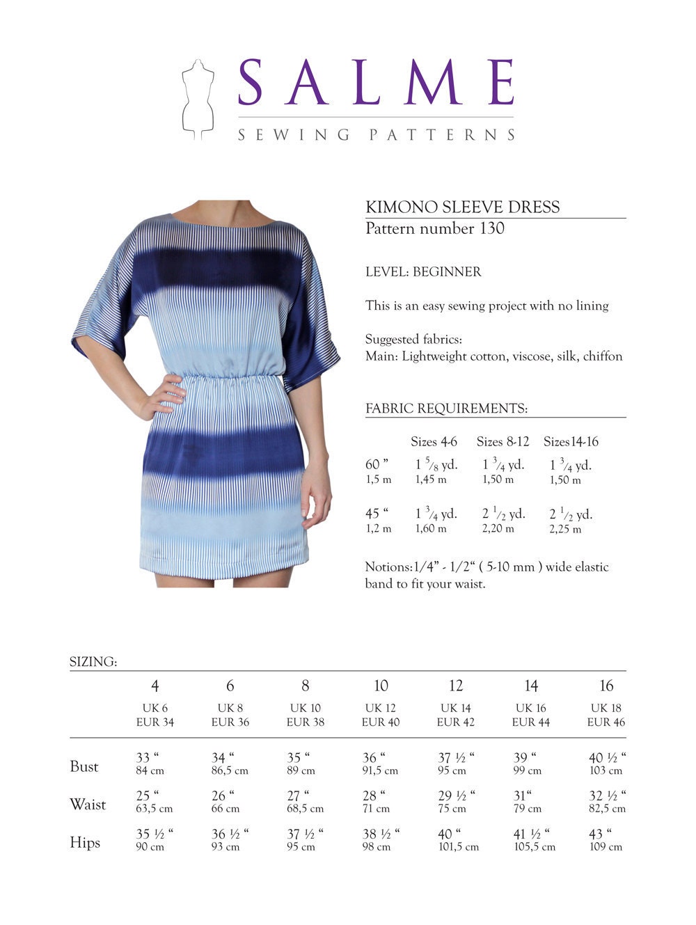PDF Sewing pattern - Kimono sleeve dress