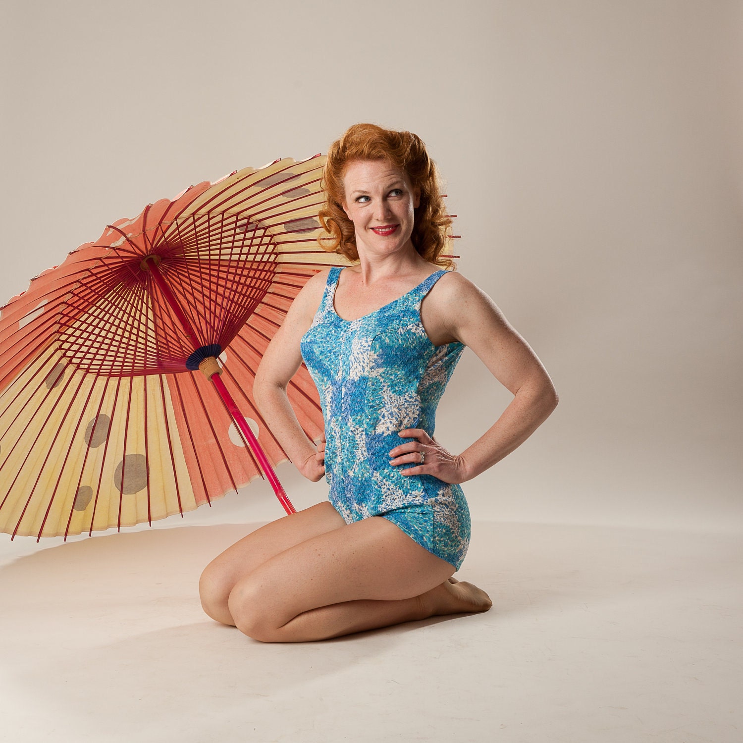 Vintage 1960s Swimsuit Rose Marie Reid Blue Pin Up Watercolor Summer Fashions