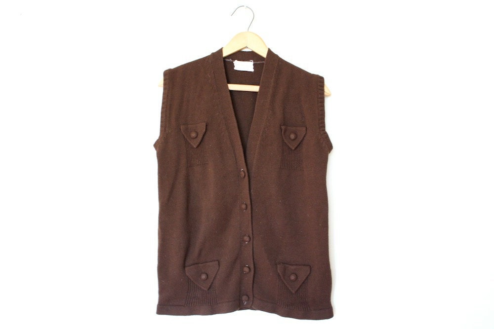 Vintage Chocolate Brown Knit Cardigan Vest 1960s V Neck Autumn Sweater Size M L