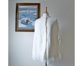 Vintage 1970s Ivory Poncho with Tassel Fringe Off White Caplet Size S M L