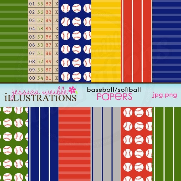 Baseball Softball Cute Digital Papers Backgrounds for Card Design, Scrapbooking, and Web Design Il_570xn