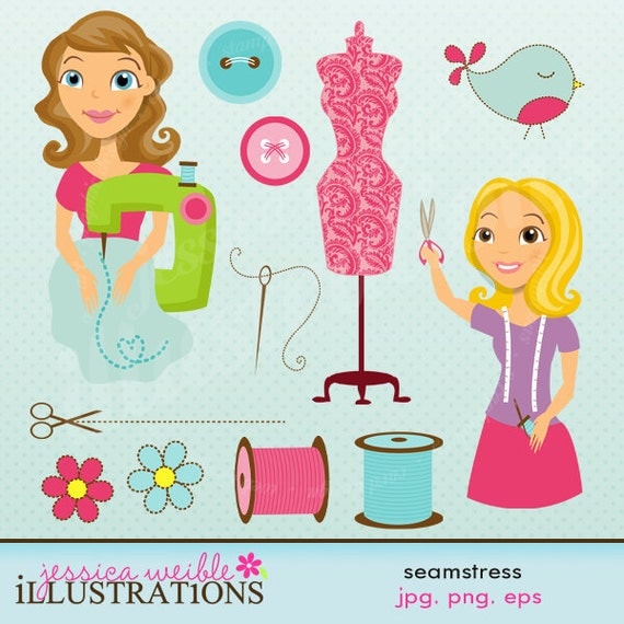 Seamstress Cute Digital Clipart for Card Design, Scrapbooking, and Web Design Il_570xn
