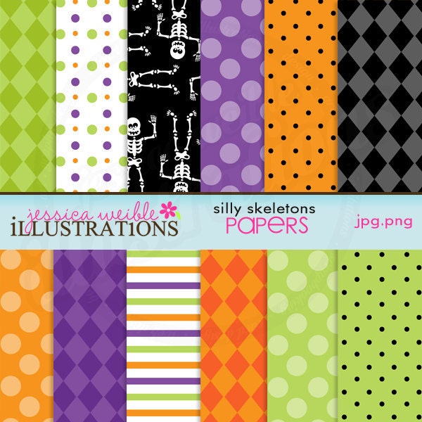 Silly Skeletons Cute Digital Papers Backgrounds for Card Design, Scrapbooking, and Web Design Il_570xn