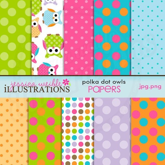 Polka Dot Owls Cute Digital Papers for Card Design, Scrapbooking, and Web Design Il_570xn