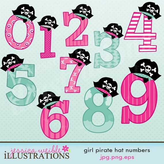 Girl Pirate Hat Numbers Cute Digital Clipart for Card Design, Scrapbooking, and Web Design Il_570xn