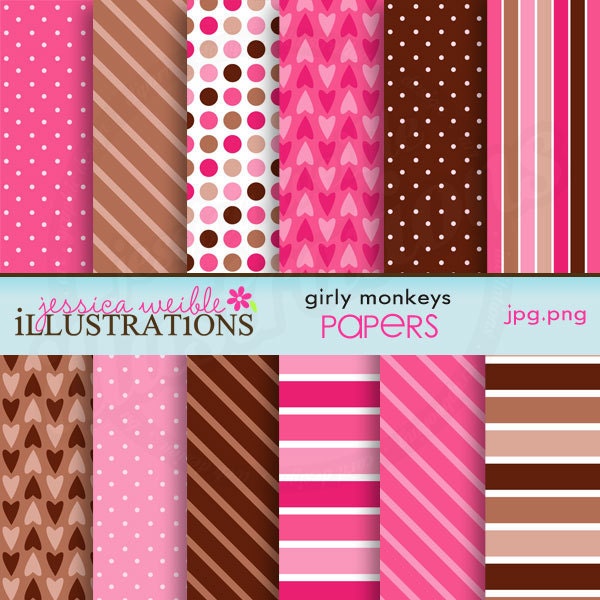 Girly Monkeys Cute Digital Papers for Card Design, Scrapbooking, and Web Design Il_570xn