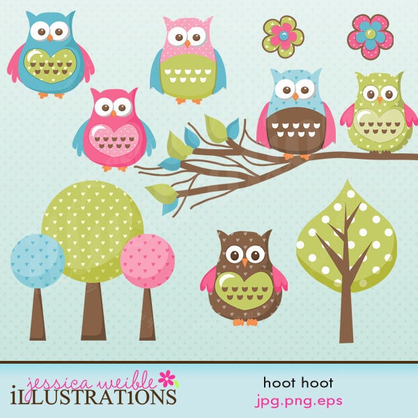 Hoot Hoot Cute Digital Clipart for Card Design, Scrapbooking, and Web Design Il_570xn