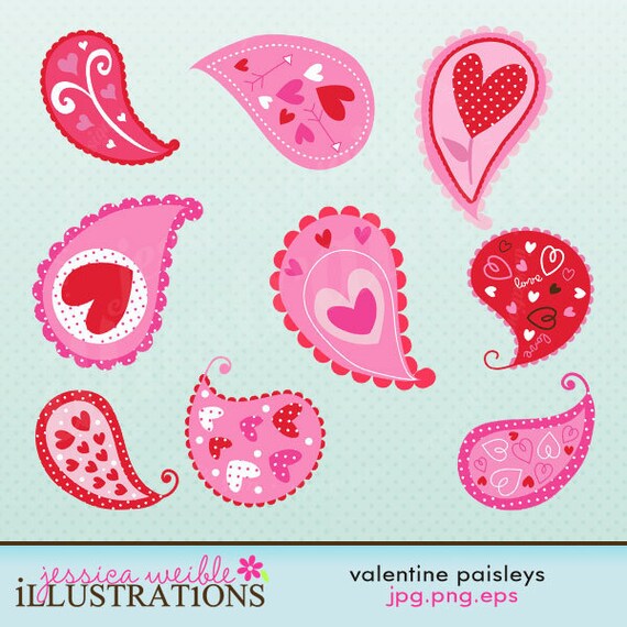 Valentine Paisleys Cute Digital Clipart for Card Design, Scrapbooking, and Web Design Il_570xn