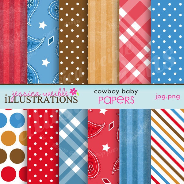 Cowboy Baby Cute Digital Papers for Card Design, Scrapbooking, and Web Design Il_570xn