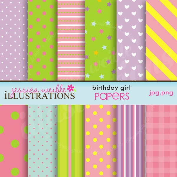 Birthday Girl Cute Digital Papers for Card Design, Scrapbooking, and Web Design Il_570xn