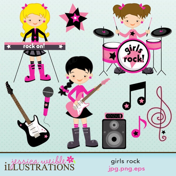 Girls Rock Cute Digital Clipart for Card Design, Scrapbooking, and Web Design Il_570xn