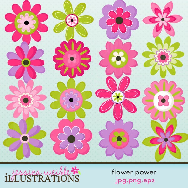 Flower Power Cute Digital Clipart for Card Design, Scrapbooking, and Web Design Il_570xn