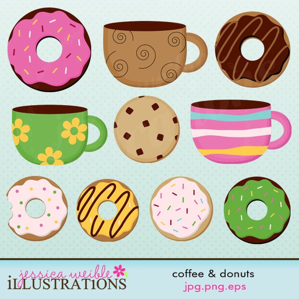Coffee and Donuts Cute Digital Clipart for Card Design, Scrapbooking, and Web Design Il_570xn