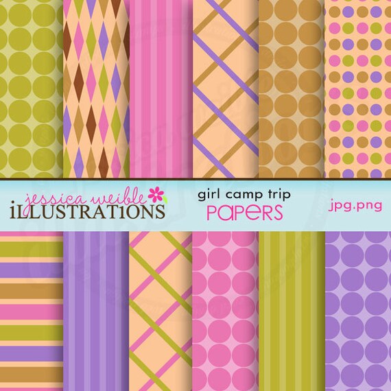 Girl Camp Trip Cute Digital Papers for Card Design, Scrapbooking, and Web Design Il_570xn