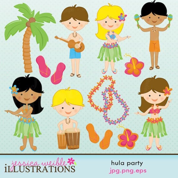 Hula Party Cute Digital Clipart for Card Design, Scrapbooking, and Web Design Il_570xn