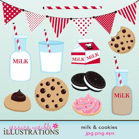 Milk & Cookies Cute Digital Clipart for Card Design, Scrapbooking, and Web Design Il_570xn