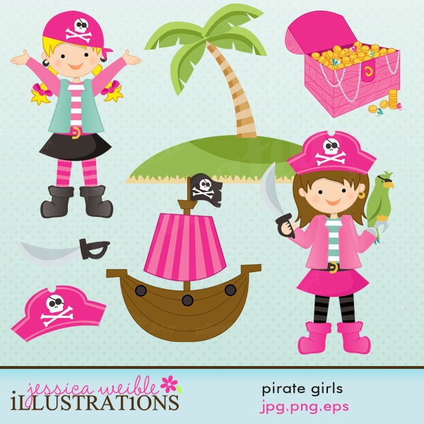 Pirate Girls Cute Digital Clipart for Card Design, Scrapbooking, and Web Design Il_570xn
