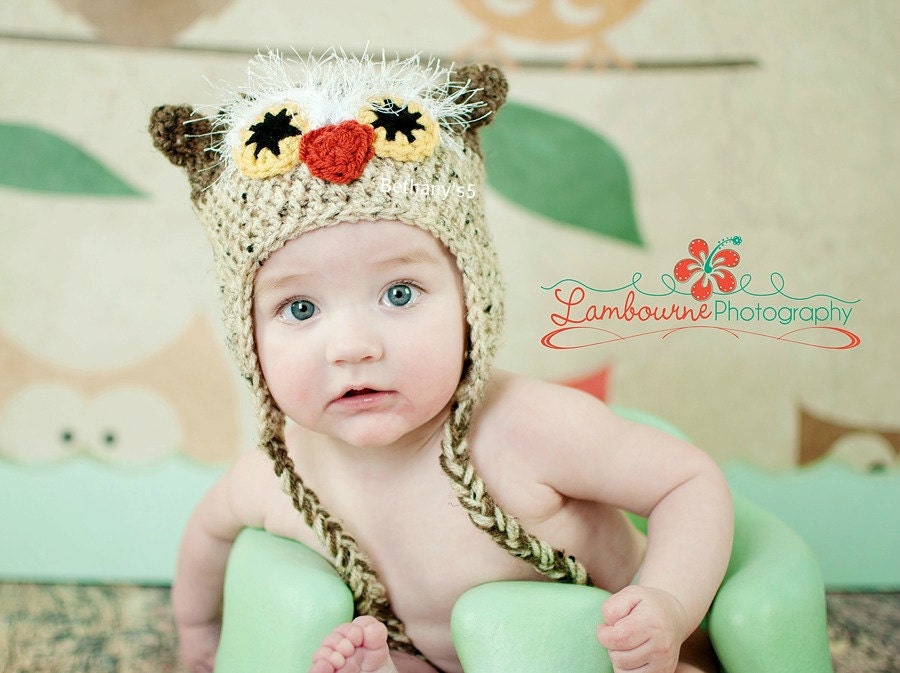 Furry Owl Hat Custom made for you in Newborn to 18 month sizes