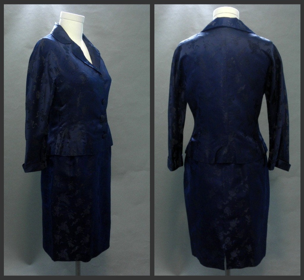 vintage 50's Suit in Navy Blue Satin Jacquard