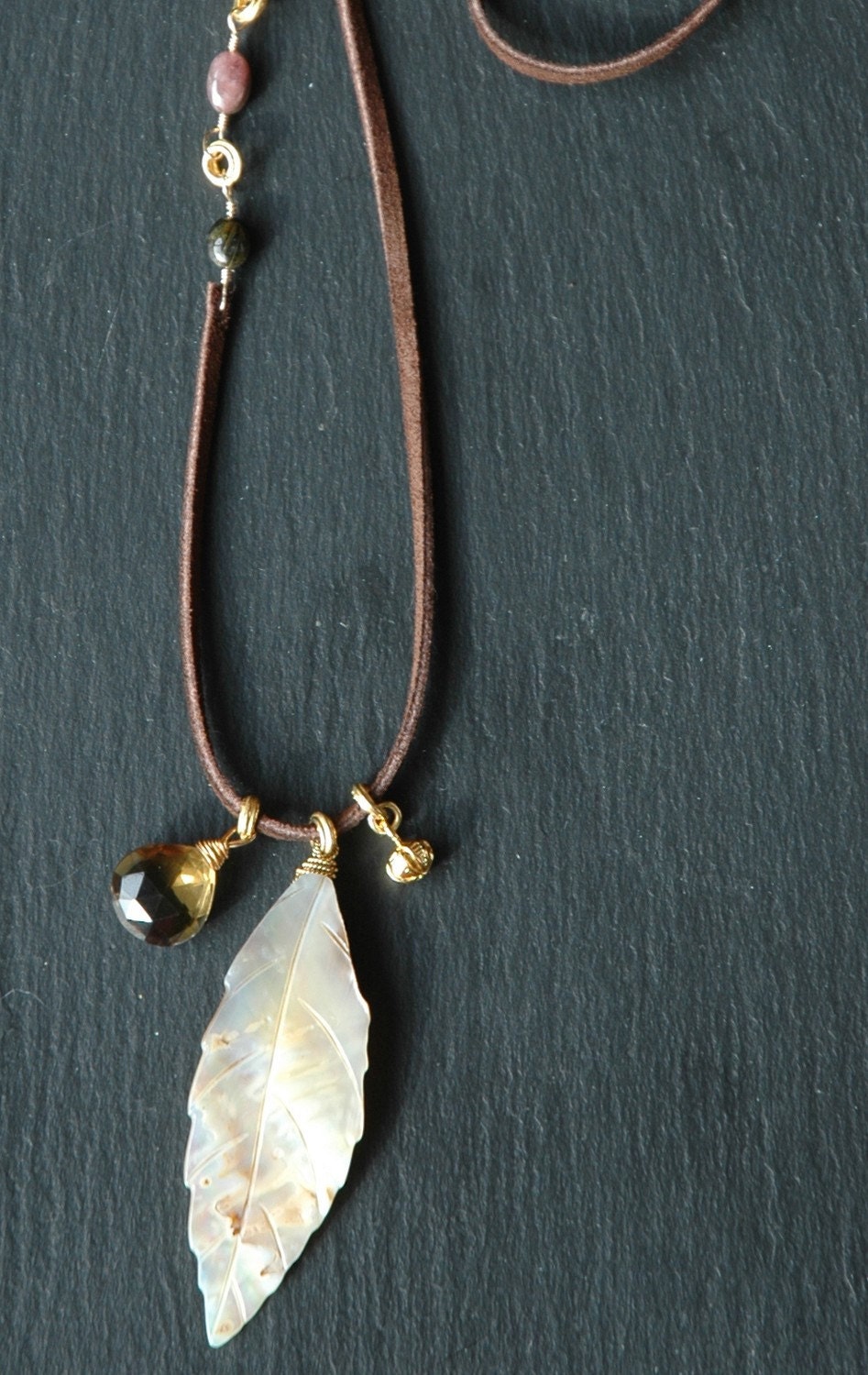 FREE Shipping - Sundance Inspired Necklace Four Seasons with Suede Tourmaline Mother of Pearl Whisky Quartz