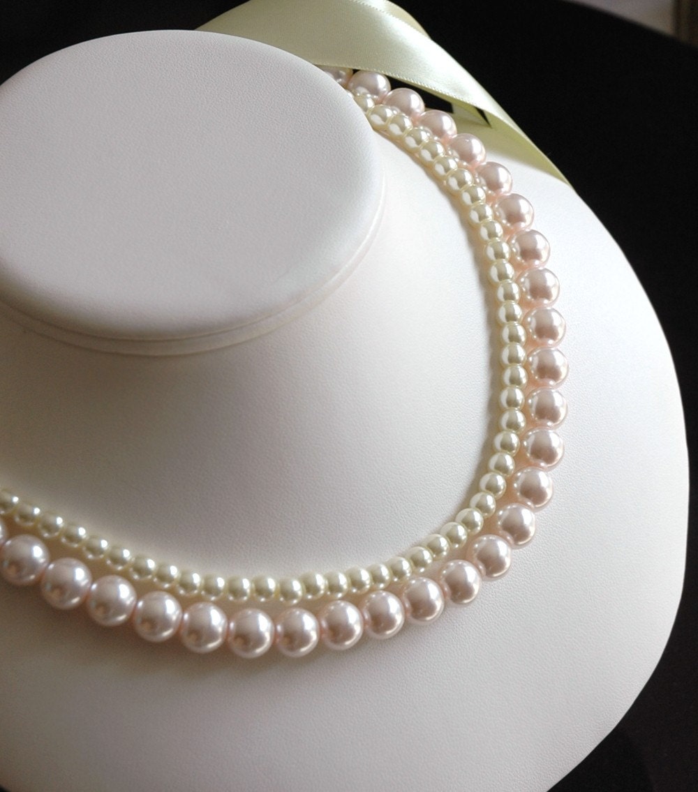 Leslie Design the Perfect Bridesmaid Necklace-Pearl Two (2) Strand Necklace w/Ribbon Tie Custom WEDDING JEWELRY Maid of HONOR