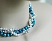 Shelly - Perfect Bridesmaid Necklace-Bold Blue Silver & Ivory/White Necklace w/Ribbon Tie WEDDING JEWELRY Maid of HONOR