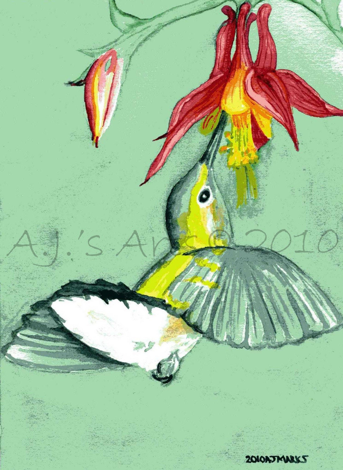 Hummingbird, Original Watercolor - 5x7 - 50 PERCENT is donated to the National Wildlife Federation fot Gulf Coast Clean Up