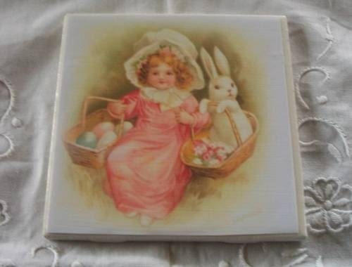 Easter Ceramic Tile Coasters Set of 4 Girl w Easter Bunny Easter Eggs