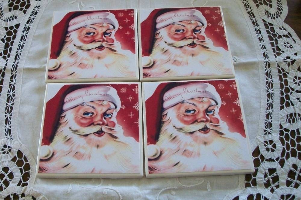 Christmas Santa Claus Ceramic Tile Coasters Set of Four