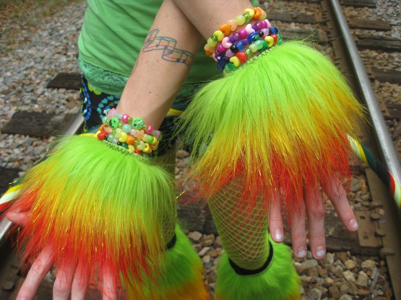 One Love  WRIST CUFFS -- Fluffy SparKLe Fur --  Green // Yellow // Red RaSTa -- costume accessory furry funky retro glitter hula hoop poi