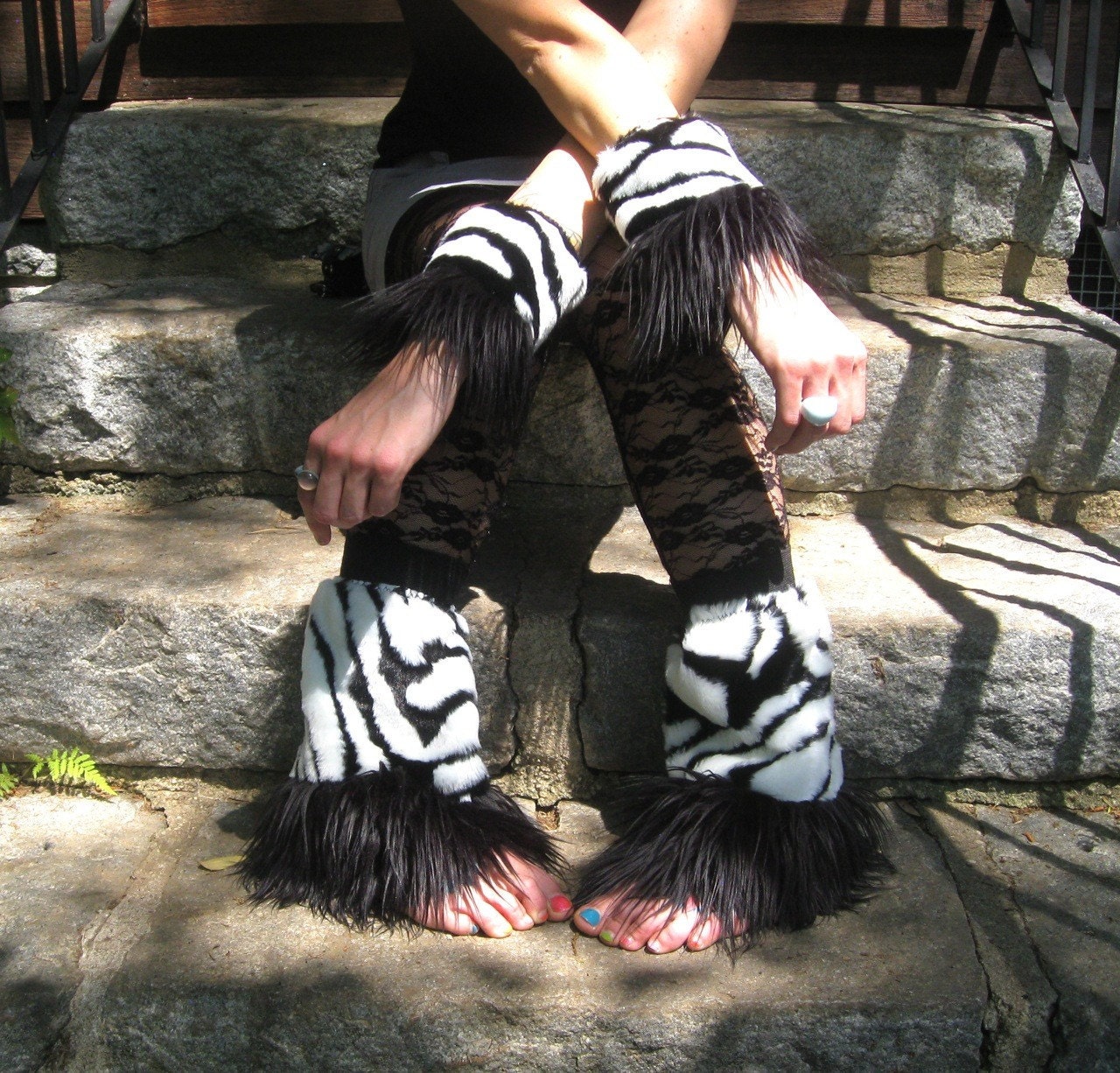 ZebRa DiScO 3 Piece COSTUME -- Half CaLFs . Wrist CuffS . Tail -- Faux Fur // FLuffies -- shoe cover . spatt . booties . costume accessory