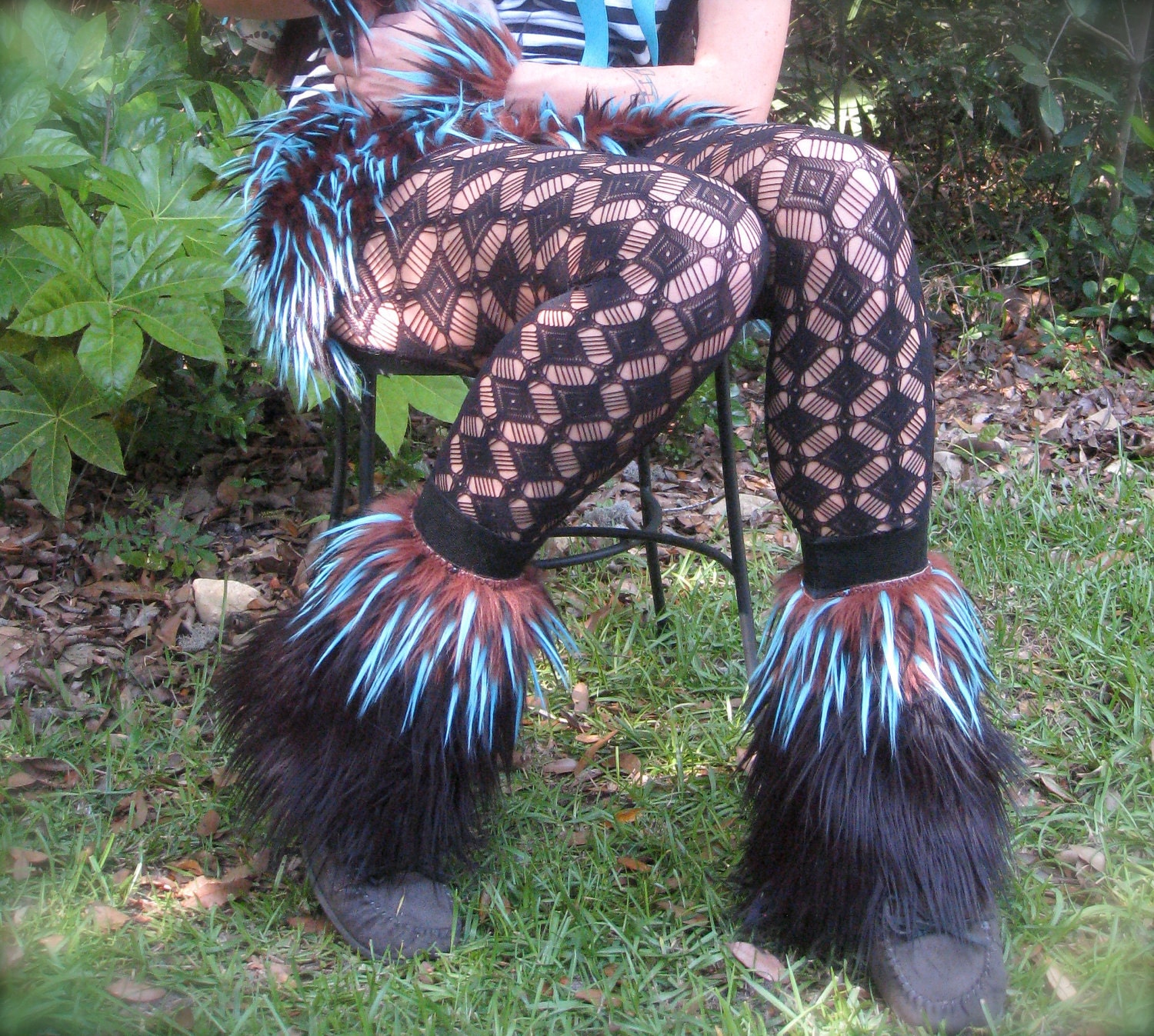 Mini Leg Cuffs & Wrist CUffs -- 2 Piece Costume SET -- ICe FOx Faux Fur Brown // Aqua Blue // Black -- funky fluffies furry dance hoop