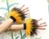 HOneY Bee Wrist Cuffs SPaRkLe Faux Fur -- Yellow & Black -- fluffy glitter fur -- costume adult hula hoop dance phunky pixie retro