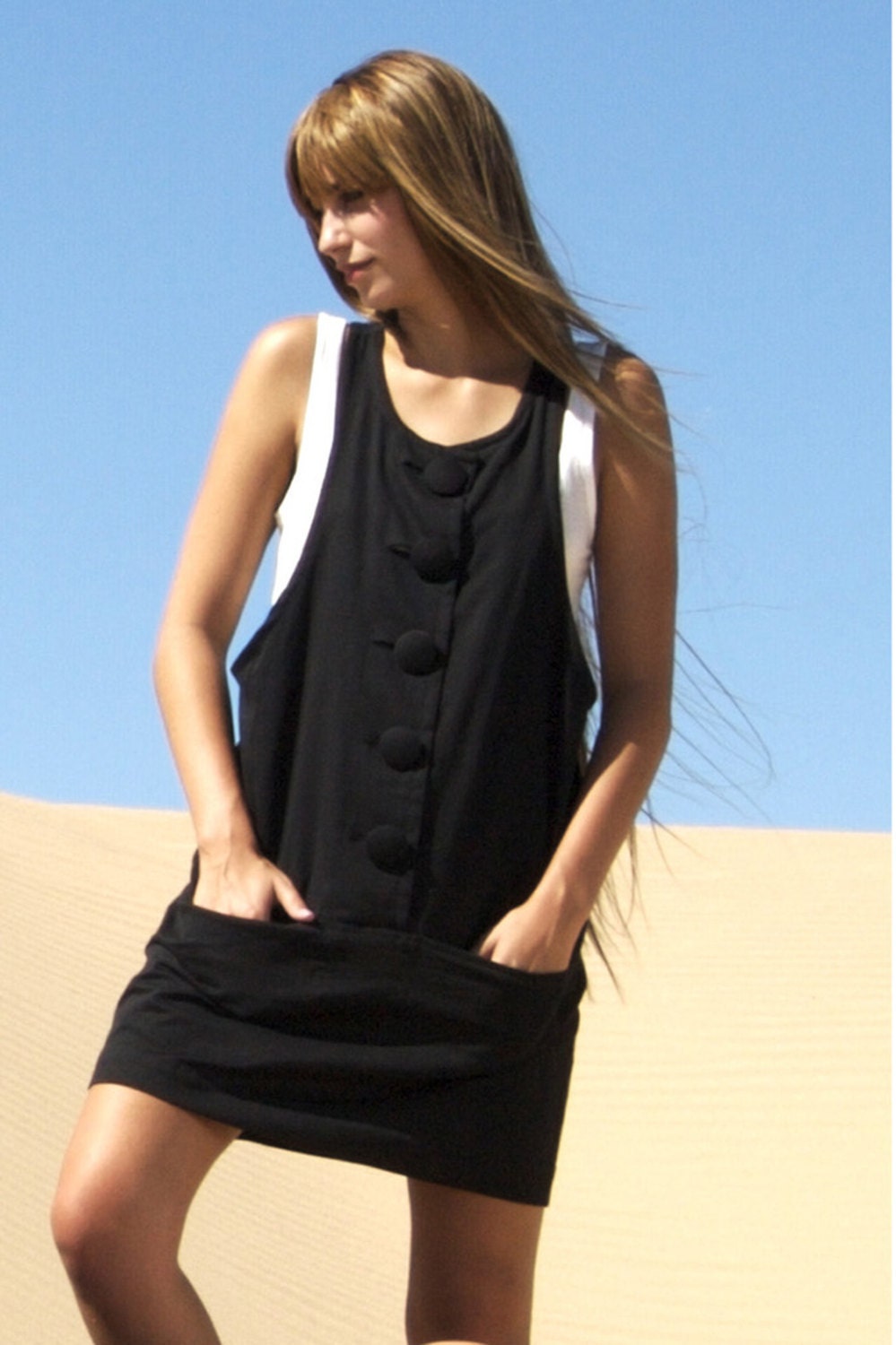 Charlie Organic Cotton Sateen Covered Button Mod Front Pocket Jumper Dress