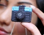 Wool, Camera, Action: Miniature Vintage Diana camera necklace made of wool - Dark Grey and Cyan Blue