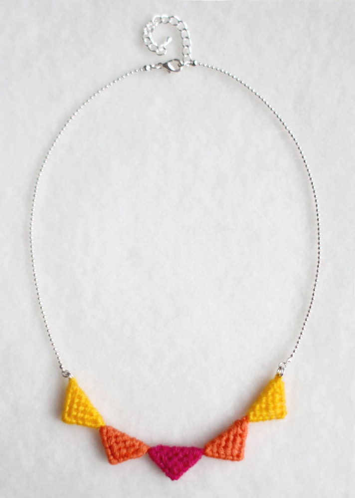 Tribal Triangle Necklace made of wool: Fuschia Pink, Orange and Yellow