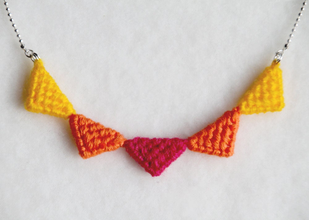 Tribal Triangle Necklace made of wool: Fuschia Pink, Orange and Yellow