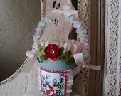 Shabby chic Gift Basket cute little bird pink green ivory Altered Paper Mache Gift basket Cottage style Vintage Blue Bird