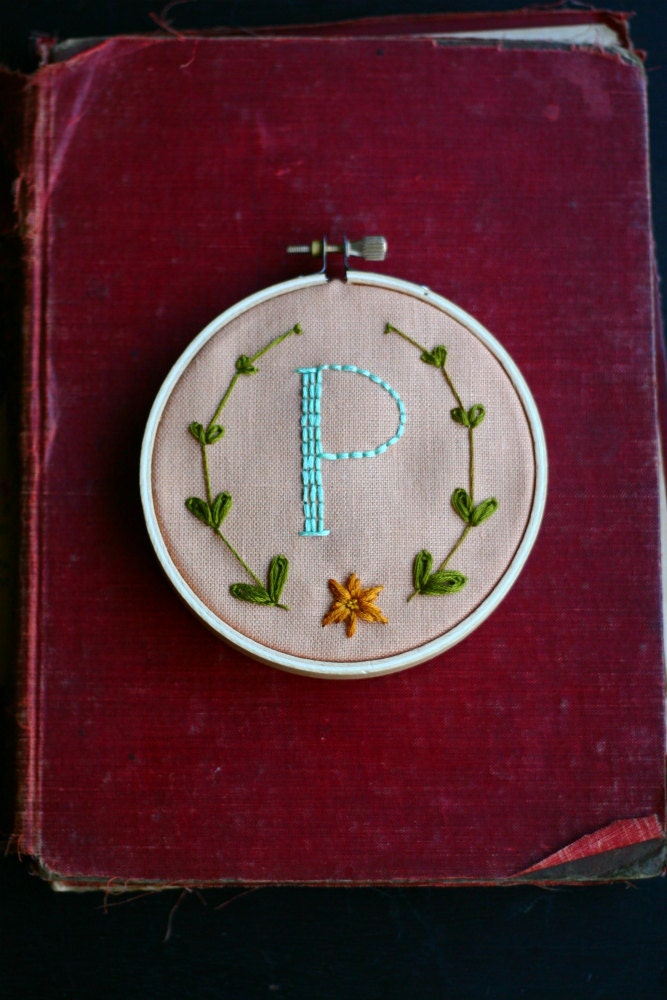 Custom Initial Floral Wreath- hand embroidered 4 inch hoop