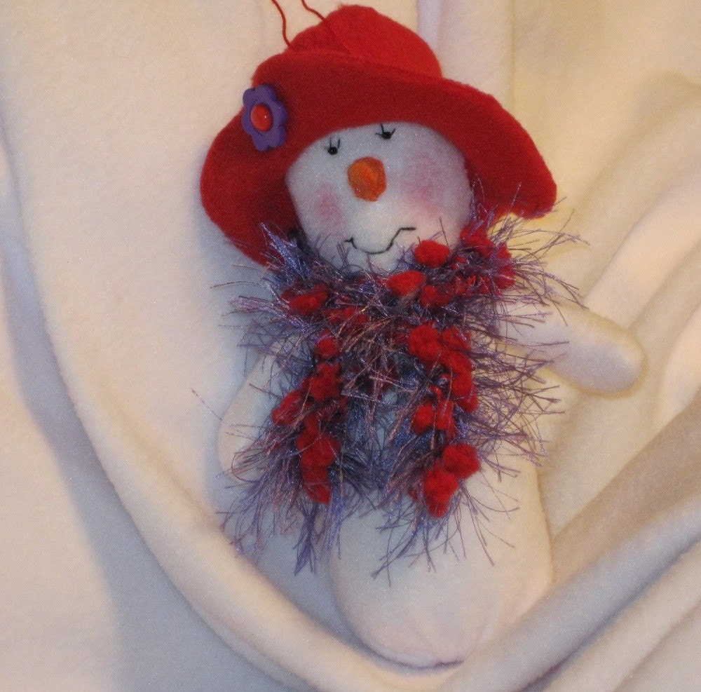 unique handmade snow woman, red hat lady,
