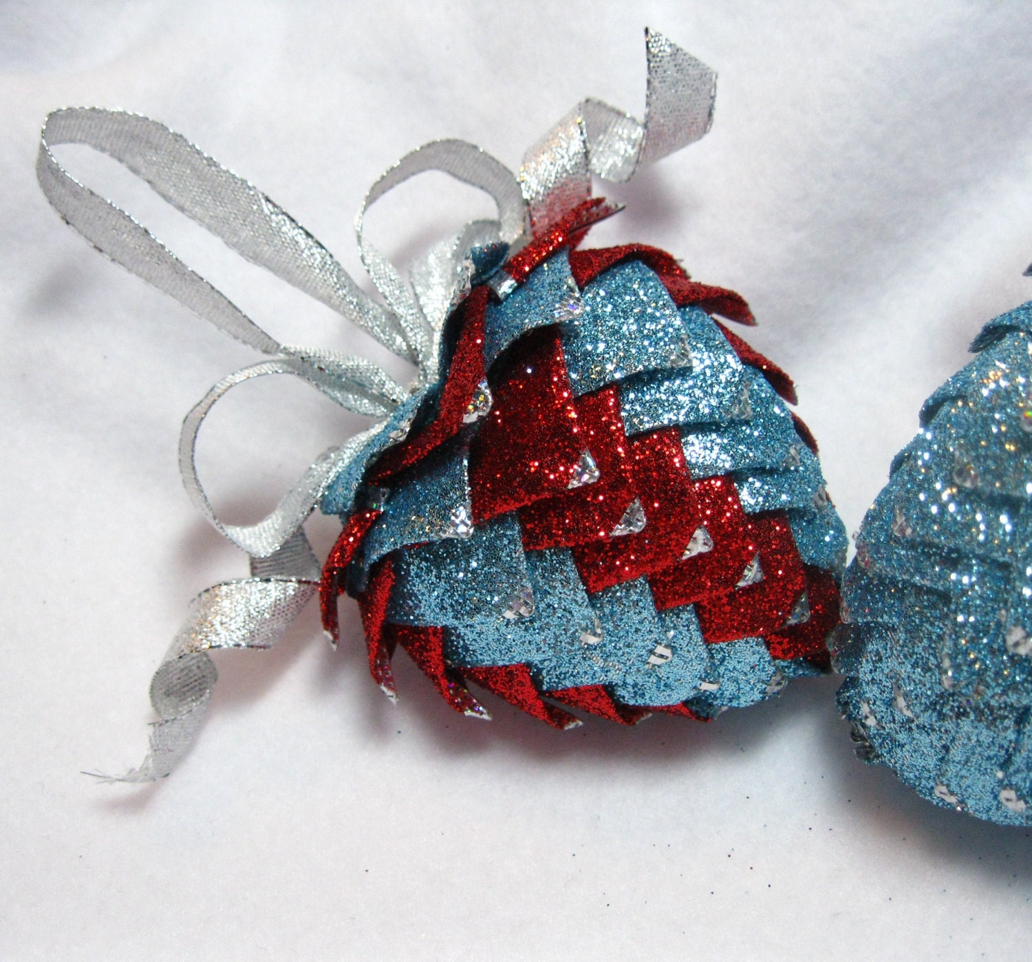 red and blue handmade ribbon heart ornament