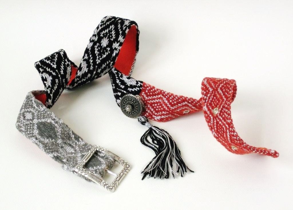 Boho knitted belt of silver grey cotton, black, wine red and grey velvet and silver metal yarn RANYA.