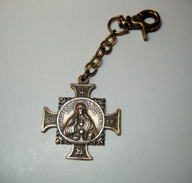 Antique Medal Reproduction Key Chain - Sacred Heart and Eucharistic Angels Bronze Catholic Medal