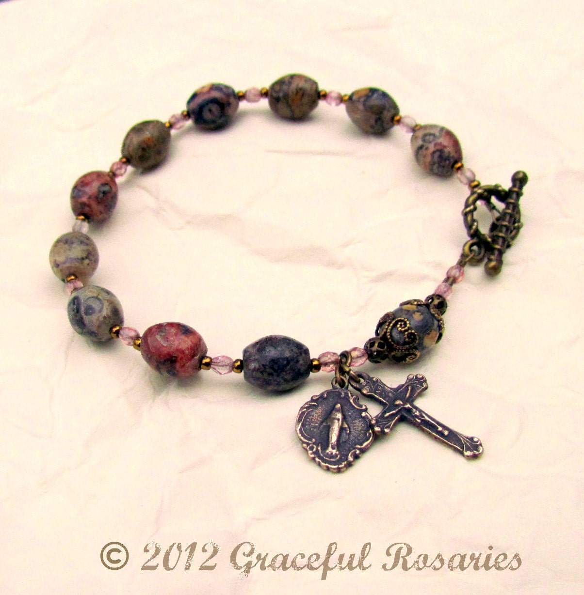 Catholic Rosary Bracelet- ON SALE - Large size with Leopardskin Jasper gemstones and Vintage style Bronze medals